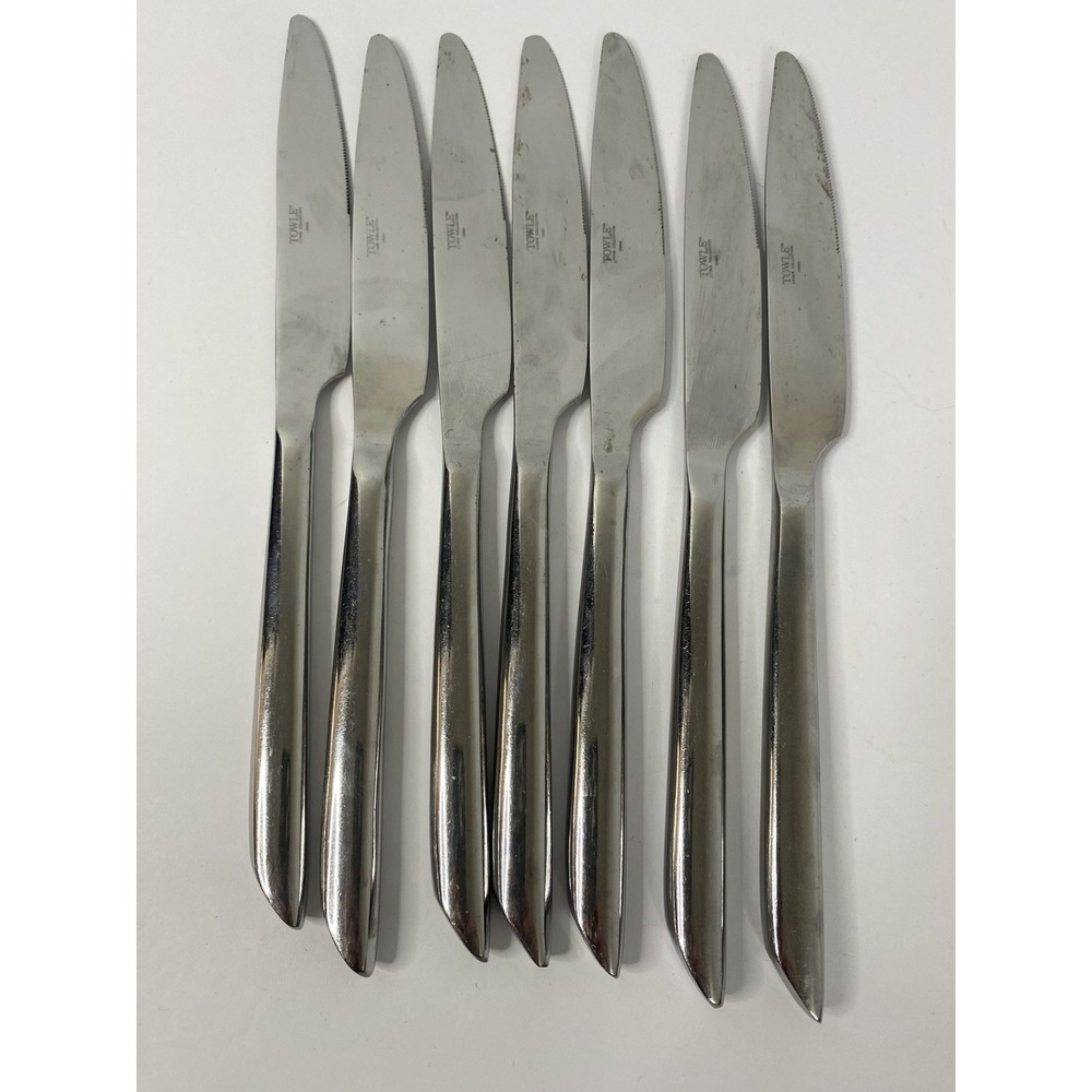 Set of 7 Dinner Knives Towle WAVE Glossy Stainless Steel 18/0 Flatware 9 1/2"